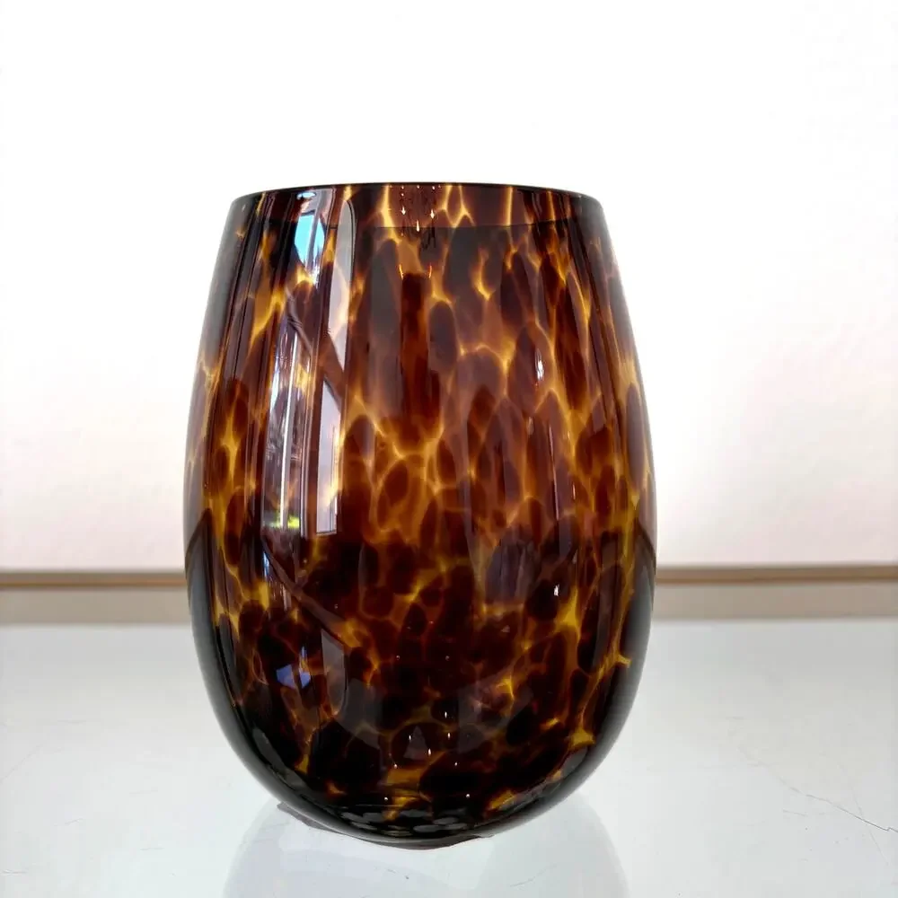 NEW Tortoise Shell Stemless Wine Glass Set of 2 Chic Barware 15oz